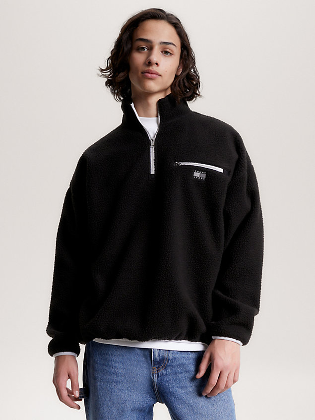 black essential tonal half-zip sherpa fleece sweatshirt for men tommy jeans