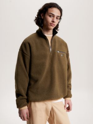 Essential Tonal Half Zip Sherpa Fleece Sweatshirt Green Tommy