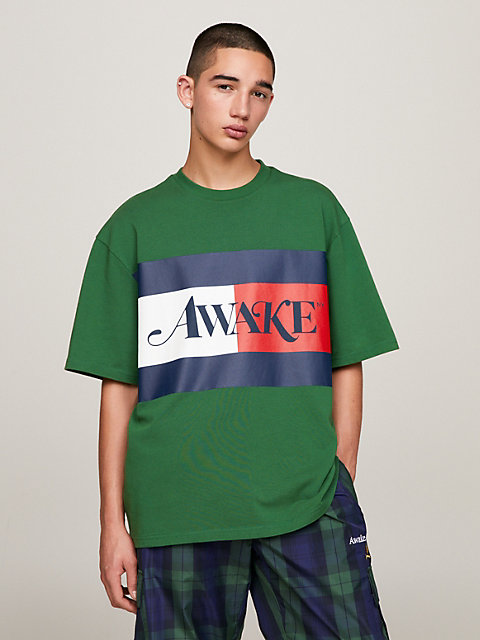 green tommy x awake ny back slogan t-shirt for men tommy jeans