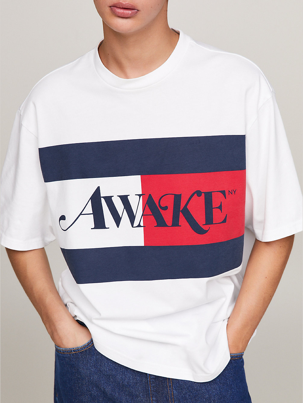white tommy x awake ny back slogan t-shirt for men tommy jeans