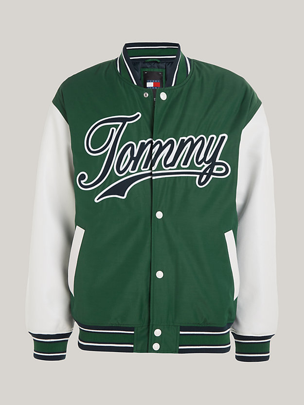 green satin letterman jacket for men tommy jeans