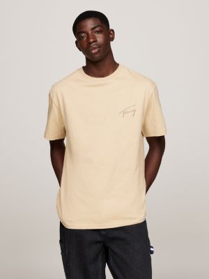 beige t-shirt z okrągłym dekoltem z logo dla mężczyźni - tommy jeans