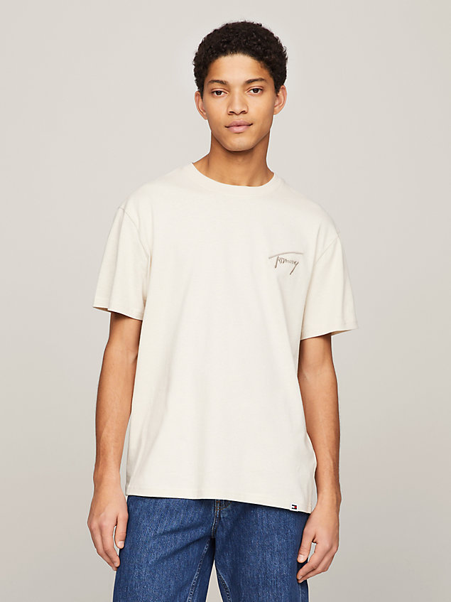 beige signature logo embroidery t-shirt for men tommy jeans