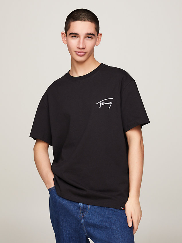 black t-shirt mit aufgesticktem signatur-logo für herren - tommy jeans