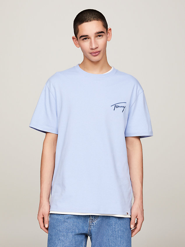 blue t-shirt mit aufgesticktem signatur-logo für herren - tommy jeans
