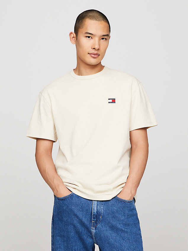 beige badge embroidery crew neck t-shirt for men tommy jeans