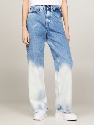 Dual Gender Wide Leg Bleach Wash Jeans, Denim