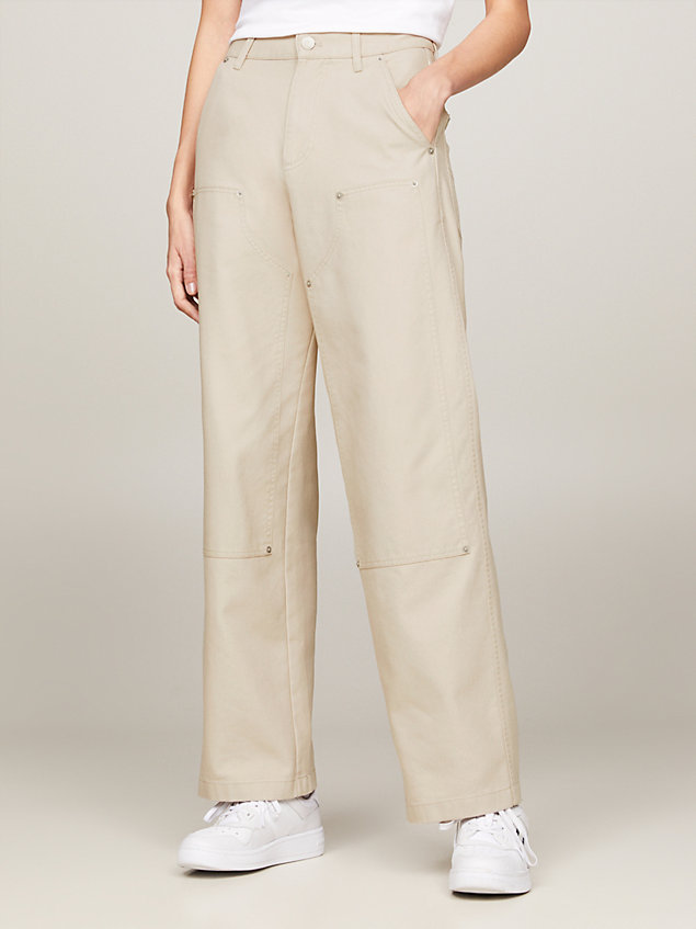 beige dual gender oversized twill carpenter trousers for men tommy jeans