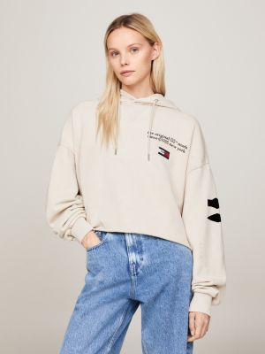 beige genderneutraler cropped oversized fit hoodie für herren - tommy jeans
