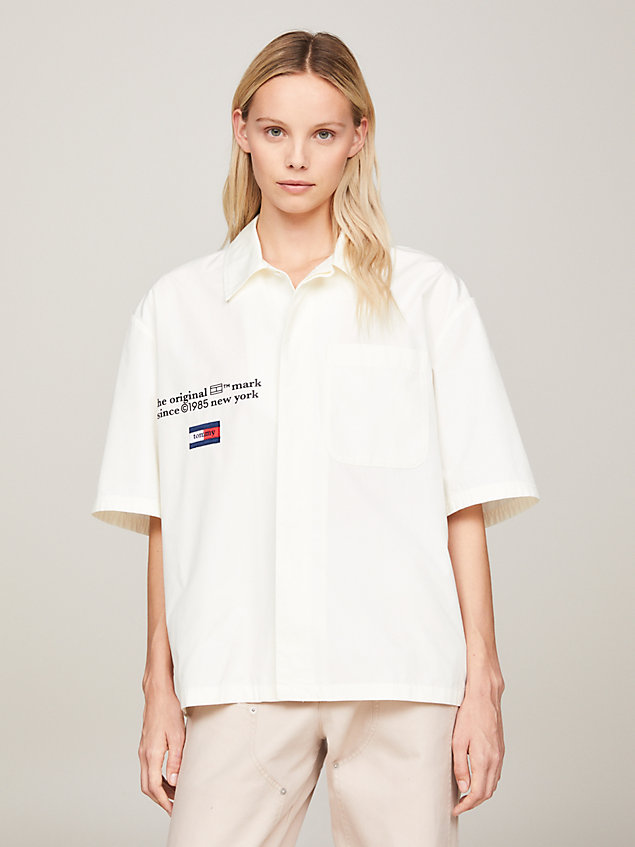 white dual gender boxy cropped short sleeve shirt for men tommy jeans