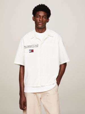 white dual gender boxy cropped short sleeve shirt for men tommy jeans