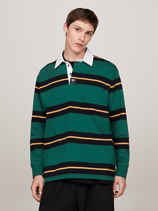 green rugby stripe casual long sleeve polo for men tommy jeans