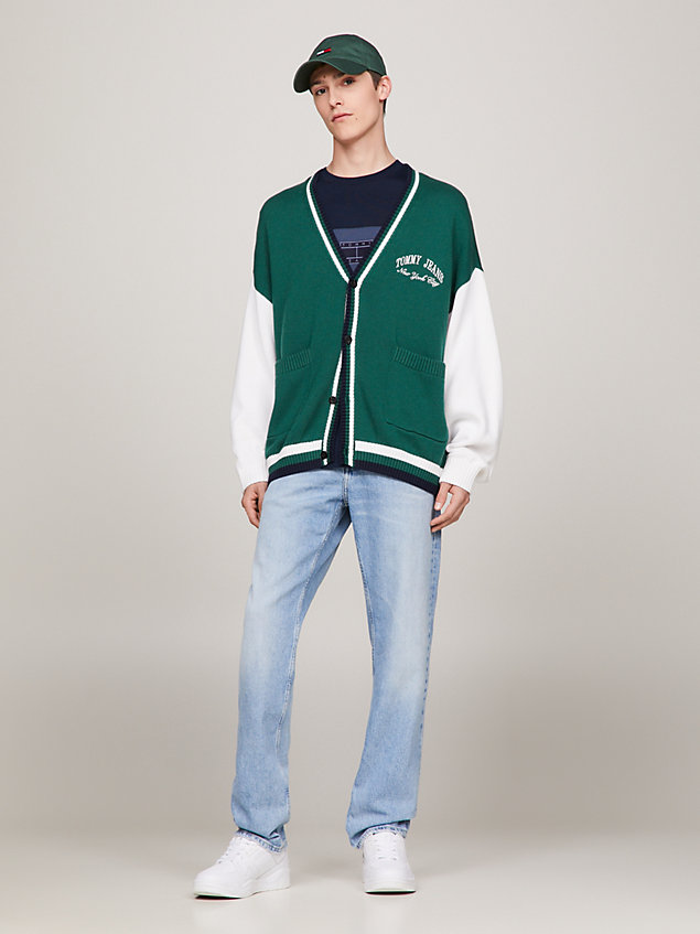 green varsity colour-blocked boxy fit cardigan for men tommy jeans