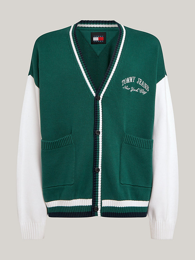 green varsity colour-blocked boxy fit cardigan for men tommy jeans