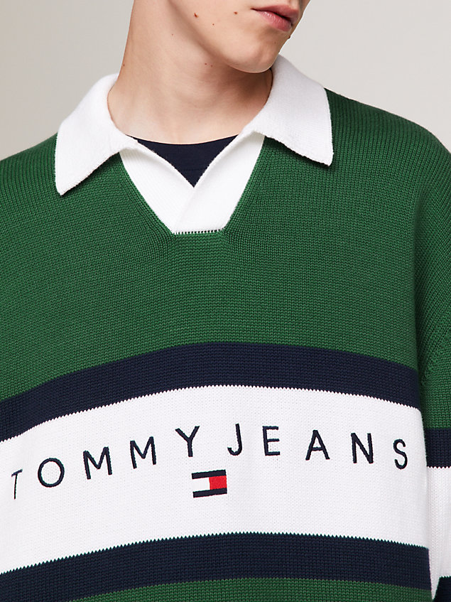 green colour-blocked trophy neck rugby jumper for men tommy jeans