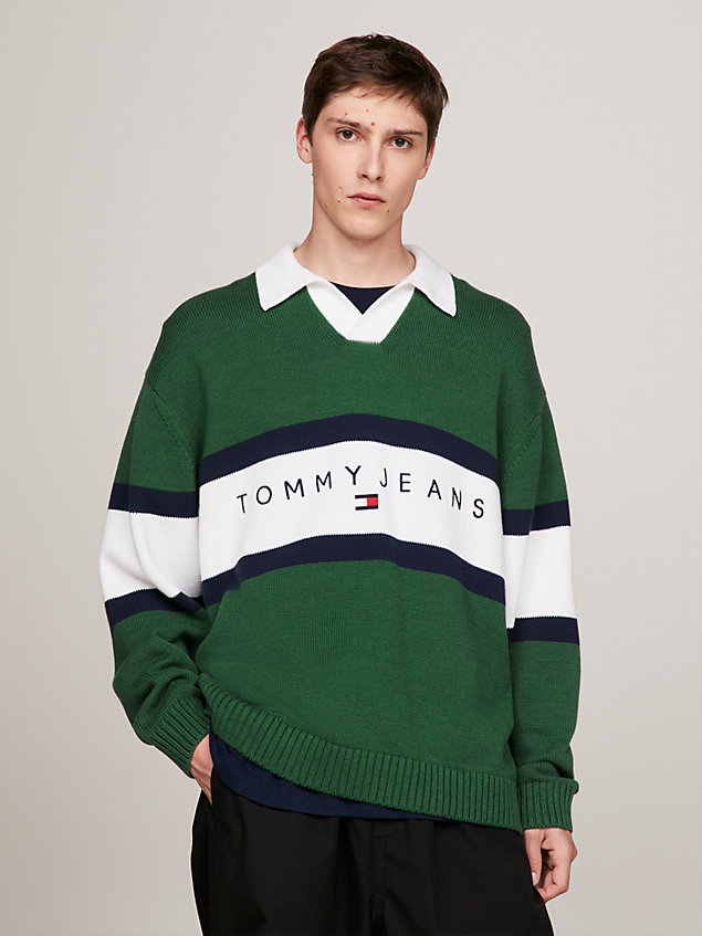 pullover rugby con colletto trophy green da uomini tommy jeans