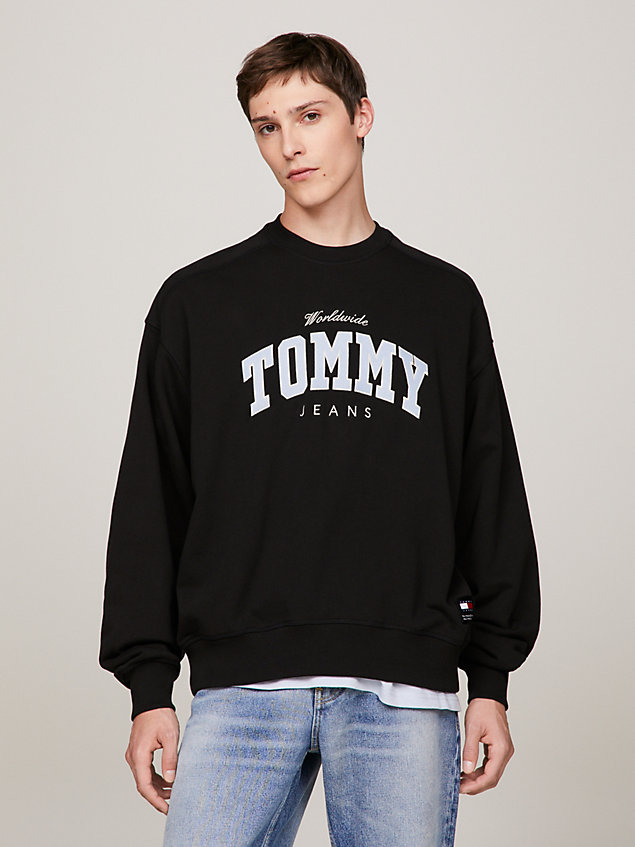 black varsity boxy cropped sweatshirt for men tommy jeans