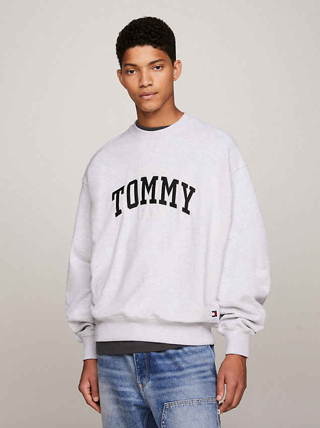 grey varsity boxy cropped sweatshirt for men tommy jeans