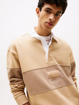 beige tonal panel relaxed rugby shirt for men tommy jeans