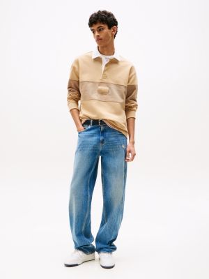 beige tonal panel relaxed rugby shirt for men tommy jeans