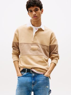 polo rugby décontracté à empiècement beige pour hommes tommy jeans