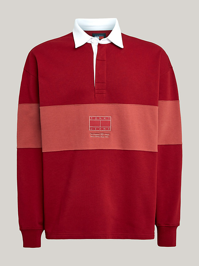 red tonal panel relaxed rugby shirt for men tommy jeans