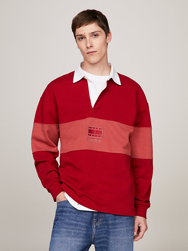 red relaxed rugbyshirt met ton-sur-ton paneel voor heren - tommy jeans