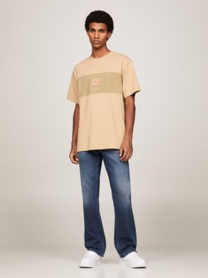 beige tonal logo colour-blocked t-shirt for men tommy jeans