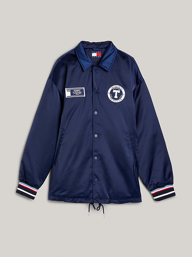 blue varsity back logo longline coach jacket for men tommy jeans