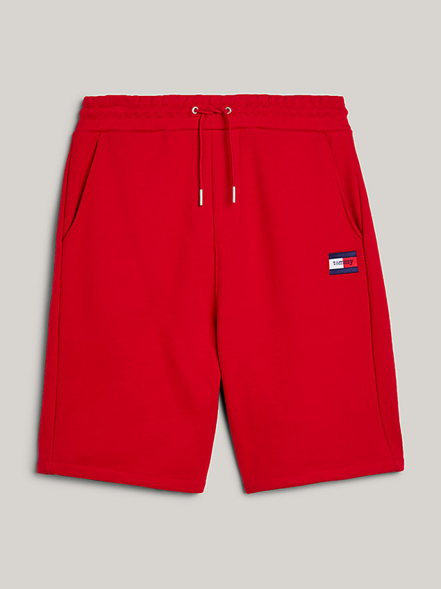 red essential dual gender serif logo sweat shorts for men tommy jeans