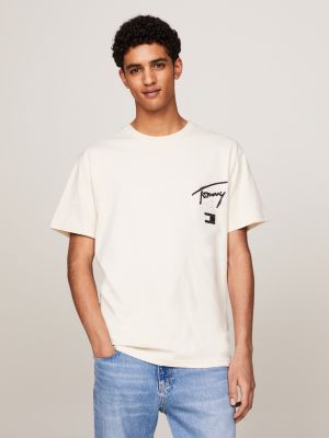 t-shirt à col ras-du-cou et logo au dos beige pour hommes tommy jeans