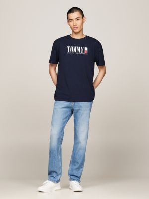 camiseta de cuello redondo con logo de tommy azul de hombres tommy jeans