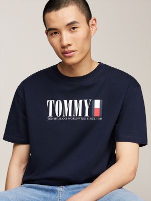 camiseta de cuello redondo con logo de tommy azul de hombres tommy jeans