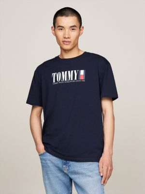 camiseta de cuello redondo con logo de tommy azul de hombres tommy jeans