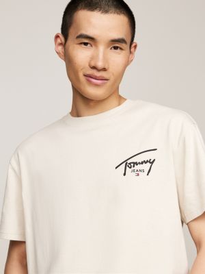 beige rundhals-t-shirt mit signatur-logo für herren - tommy jeans