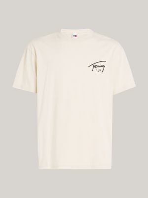 beige rundhals-t-shirt mit signatur-logo für herren - tommy jeans