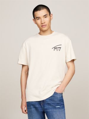 beige rundhals-t-shirt mit signatur-logo für herren - tommy jeans