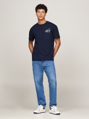 blau rundhals-t-shirt mit signatur-logo für herren - tommy jeans