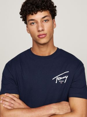 t-shirt con logo firma blu da uomini tommy jeans