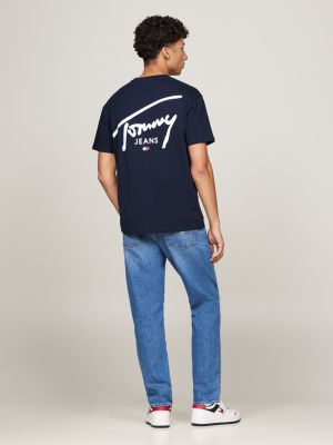 blau rundhals-t-shirt mit signatur-logo für herren - tommy jeans