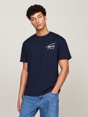 t-shirt à col ras-du-cou et logo signature bleu pour hommes tommy jeans