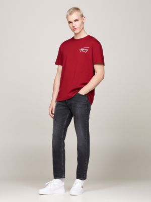 t-shirt con logo firma rosso da uomini tommy jeans