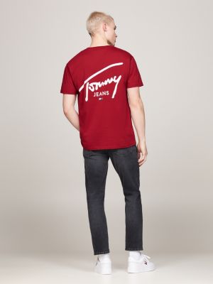 t-shirt con logo firma rosso da uomini tommy jeans