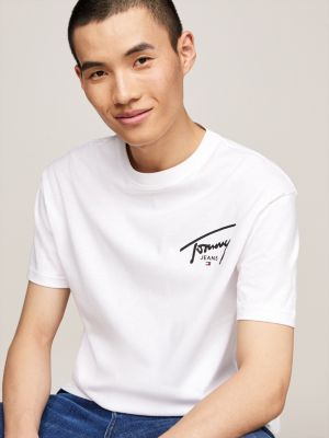 t-shirt con logo firma bianco da uomini tommy jeans