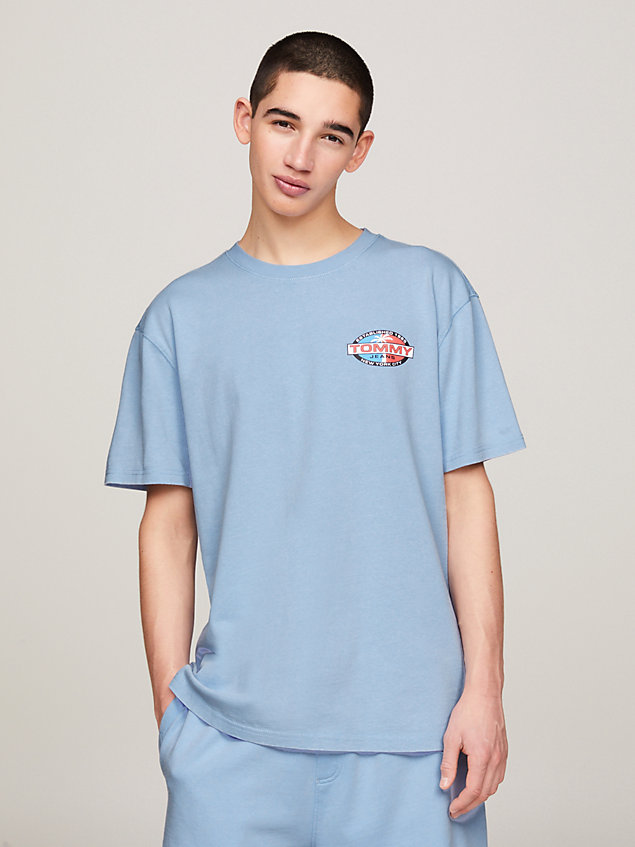 blue archive palm tree back logo t-shirt for men tommy jeans