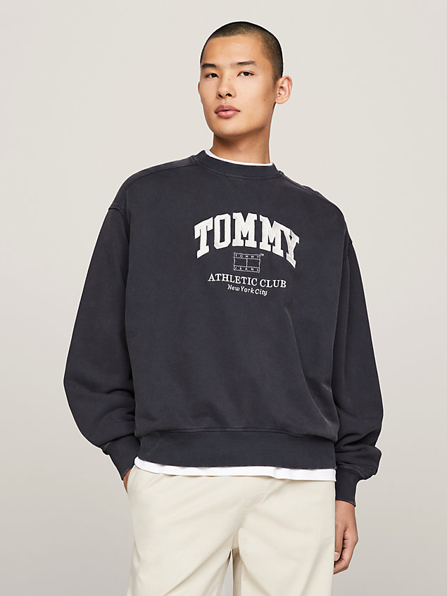 black varsity garment dyed boxy sweatshirt for men tommy jeans
