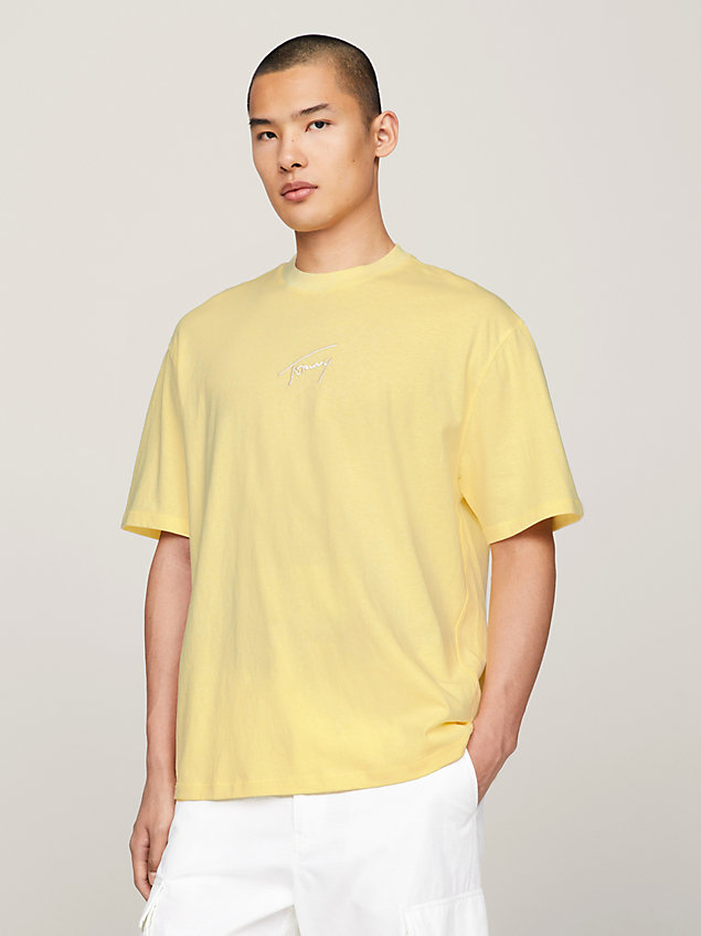 yellow signature logo embroidery oversized fit t-shirt for men tommy jeans