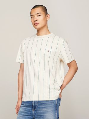 beige varsity rundhals-t-shirt mit nadelstreifen für herren - tommy jeans