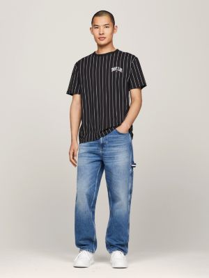black varsity rundhals-t-shirt mit nadelstreifen für herren - tommy jeans