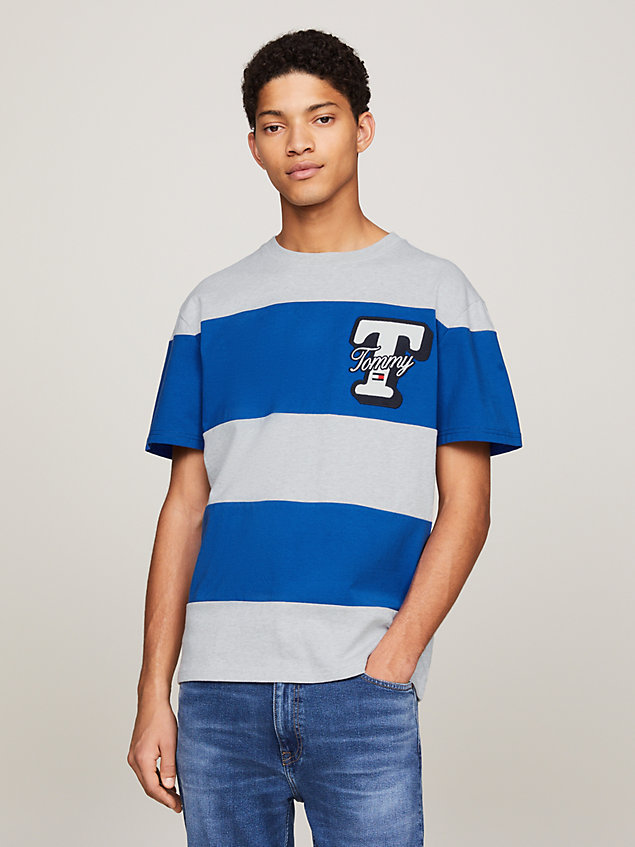 blue colour-blocked letterman t-shirt for men tommy jeans